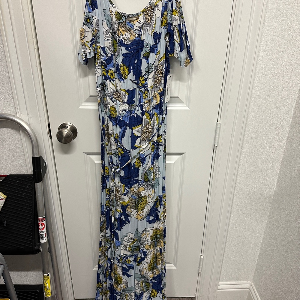 a.n.a Blue and White Flutter Sleeve off the shoulder Maxi Gown